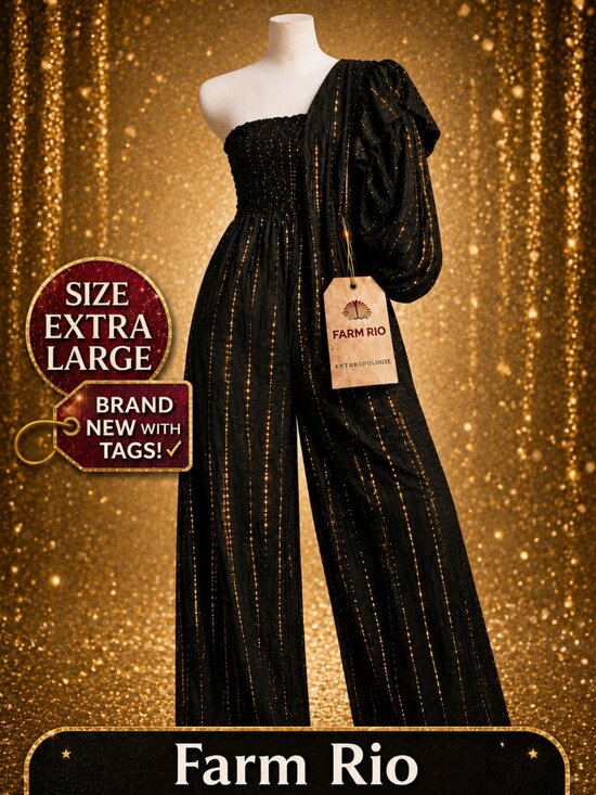 FARM Rio Pants - Farm Rio Anthropologie One Shoulder Jumpsuit XL Black Gold Stripe NWT